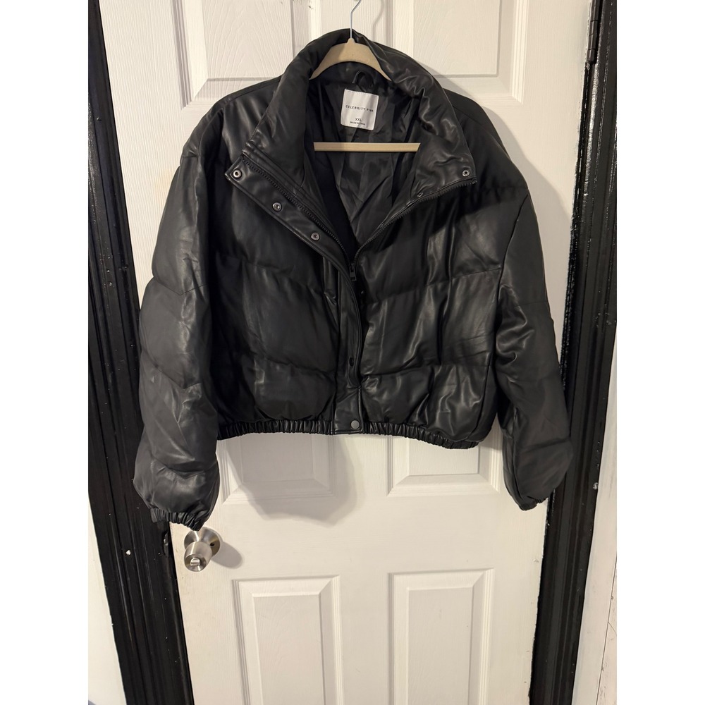 Celebrity Pink Womens XXL Black Faux Leather Puffer Jacket Cropped Quilted Coat
